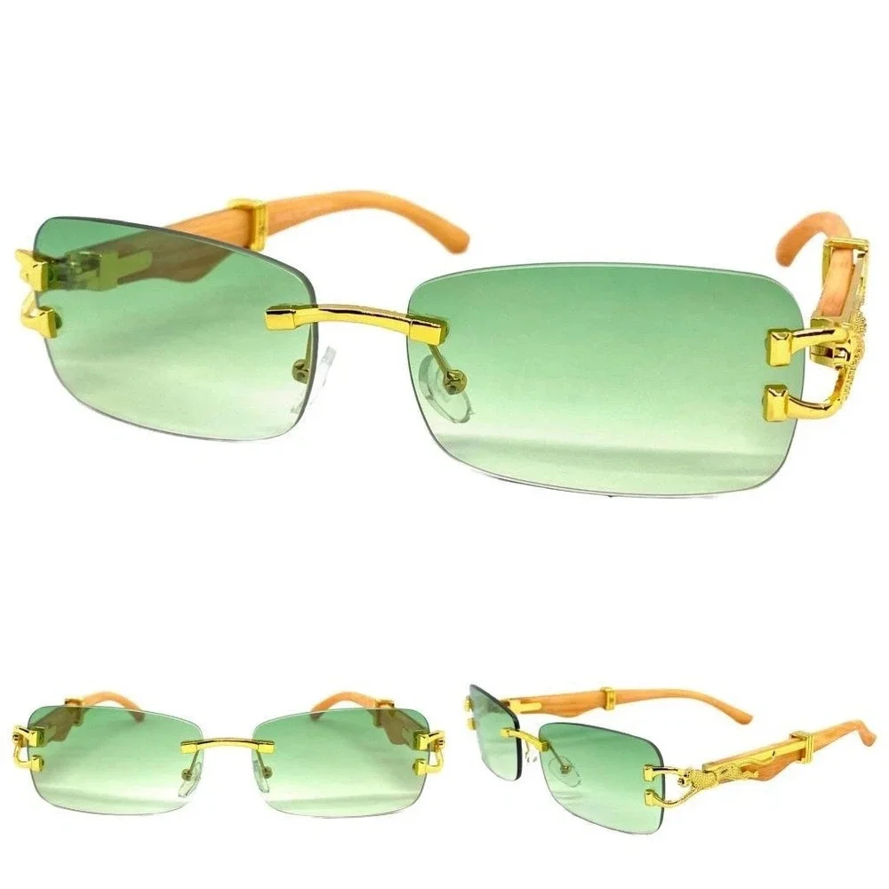 Premium Tinted Lenses Cheetah Ornament Rimless Eyewear  Green Sunglasses Women